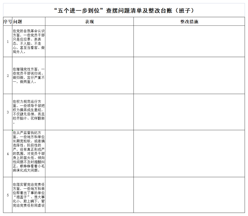 班子 五个进一步到位查摆问题清单及整改台账 空白.png